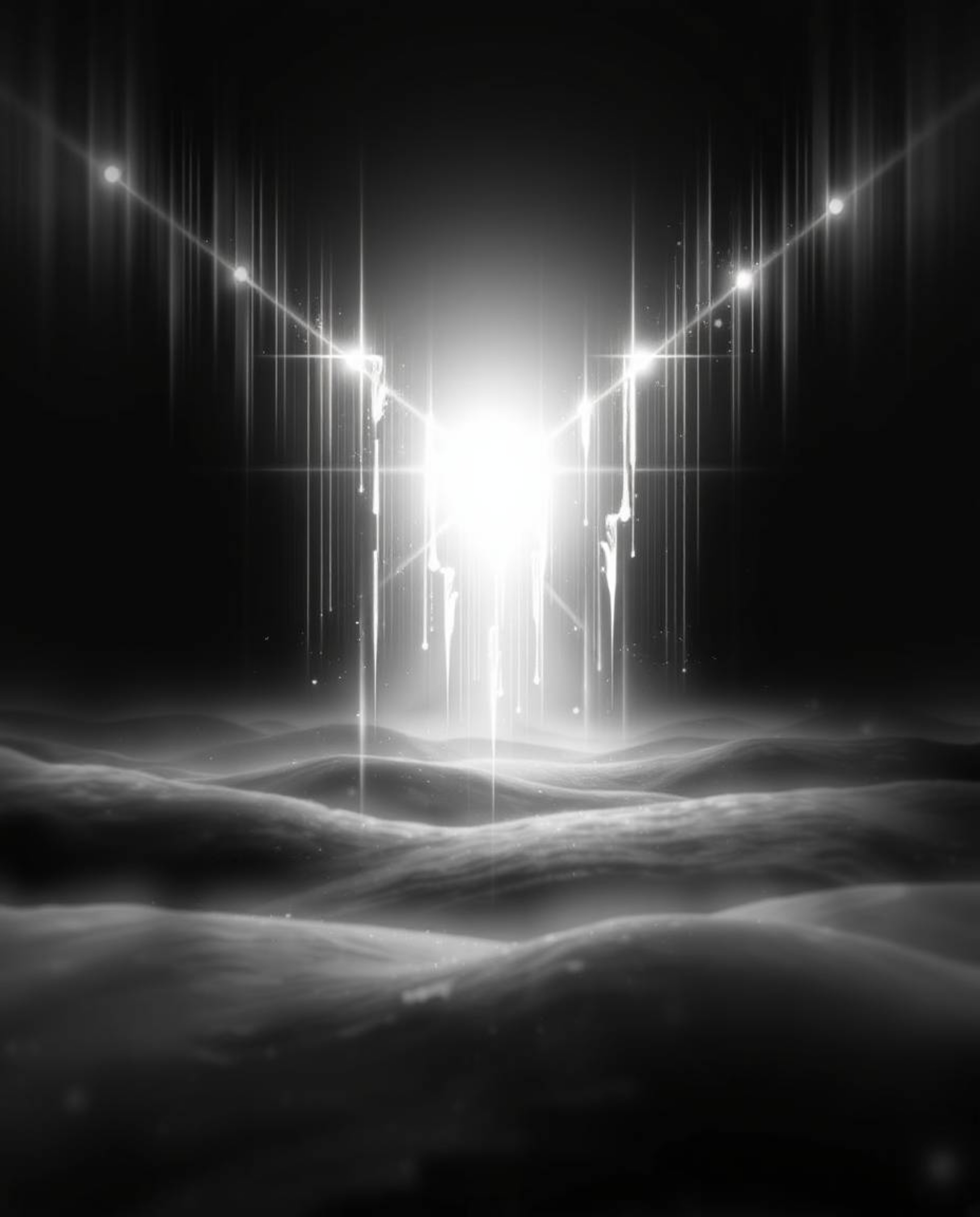 Experience the ethereal beauty of a digital glitch landscape rendered in classic black and white.  This captivating artwork e