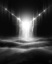 Experience the ethereal beauty of a digital glitch landscape rendered in classic black and white.  This captivating artwork e