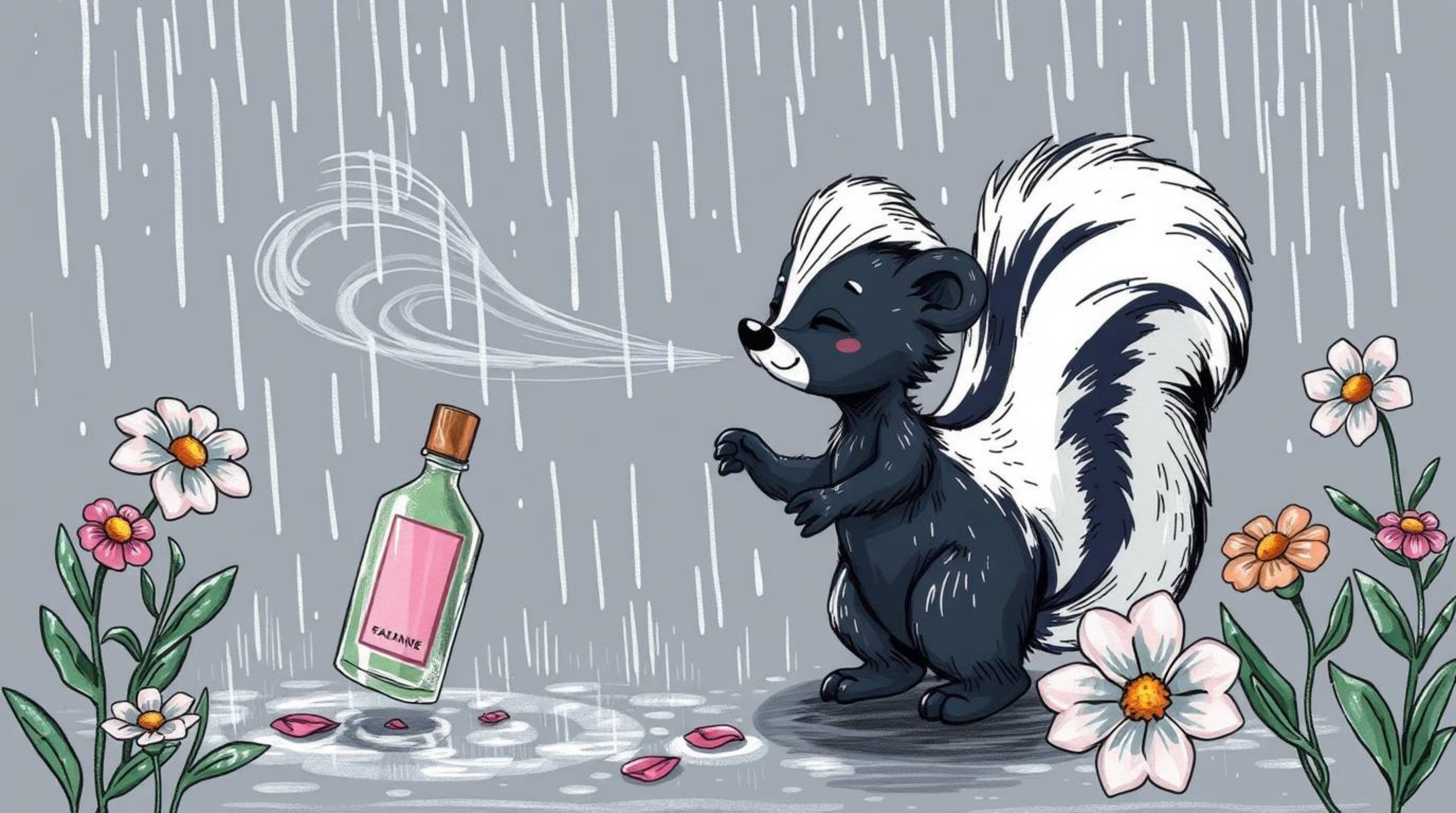 This hand-drawn color sketchnote style illustration depicts a cartoon skunk playfully spraying perfume onto flowers amidst a 