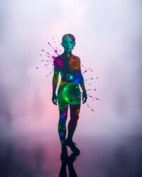 This artwork features a striking human silhouette dynamically formed by vibrant and colorful splash patterns, rendered in a m