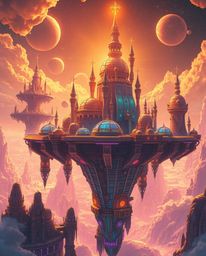 Explore a vibrant, futuristic kingdom adorned with floating islands and majestic castles. This breathtaking scene features a