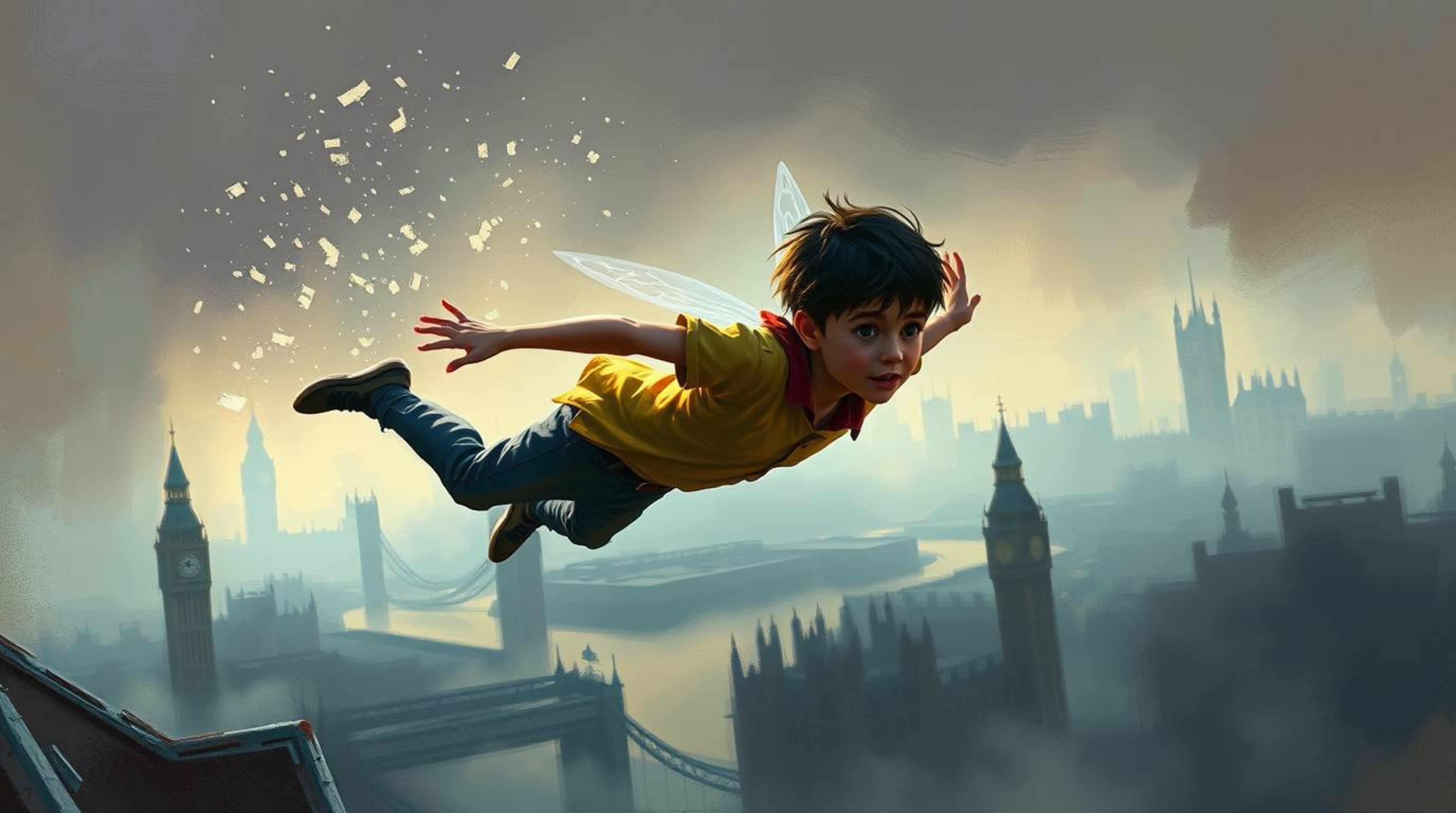 A dynamic digital sketch featuring a young boy soaring above a misty London landscape, powered by magical pixie dust. This ar
