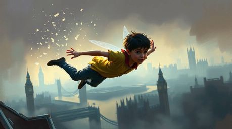 A dynamic digital sketch featuring a young boy soaring above a misty London landscape, powered by magical pixie dust. This ar