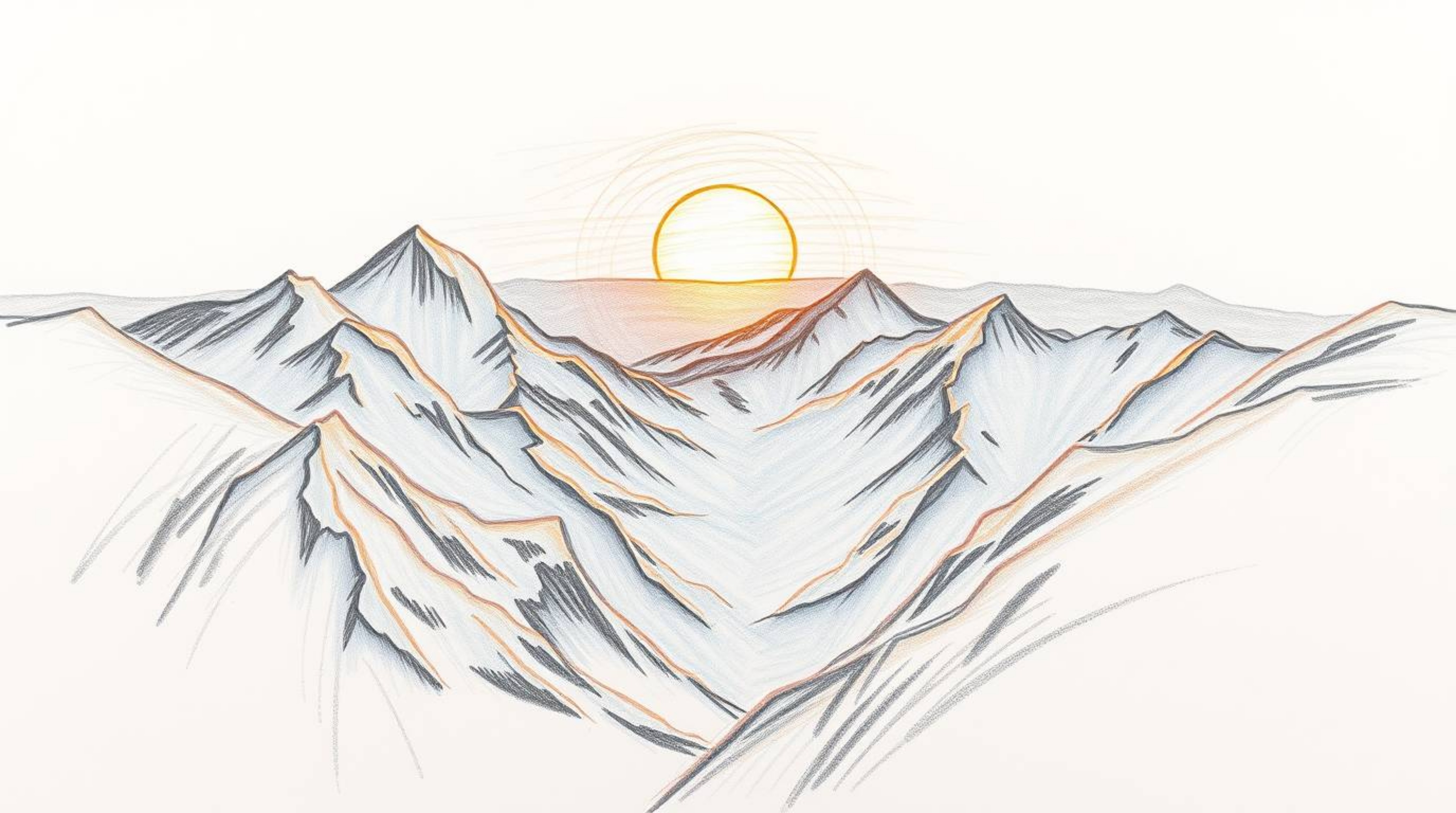 This stunning hand-drawn sketch captures the serene beauty of snow-covered mountains bathed in the warm glow of a pastel suns