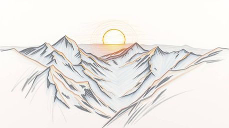 This stunning hand-drawn sketch captures the serene beauty of snow-covered mountains bathed in the warm glow of a pastel suns