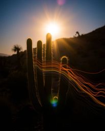 This long exposure photograph showcases a desert cactus glowing brilliantly in the final rays of the sun. Through the techniq