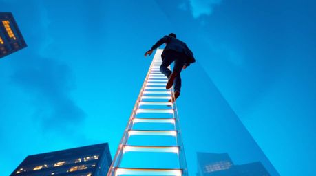 A powerful visual metaphor for success, this image depicts a businessperson heroically ascending a transparent ladder that di