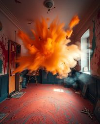 Capture the stunning visual of a room exploding with paint using long exposure photography techniques. This image showcases w