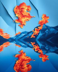 An intricate origami-style image captures the reflections of fiery clouds in a mountain lake, utilizing a folded paper aesthe