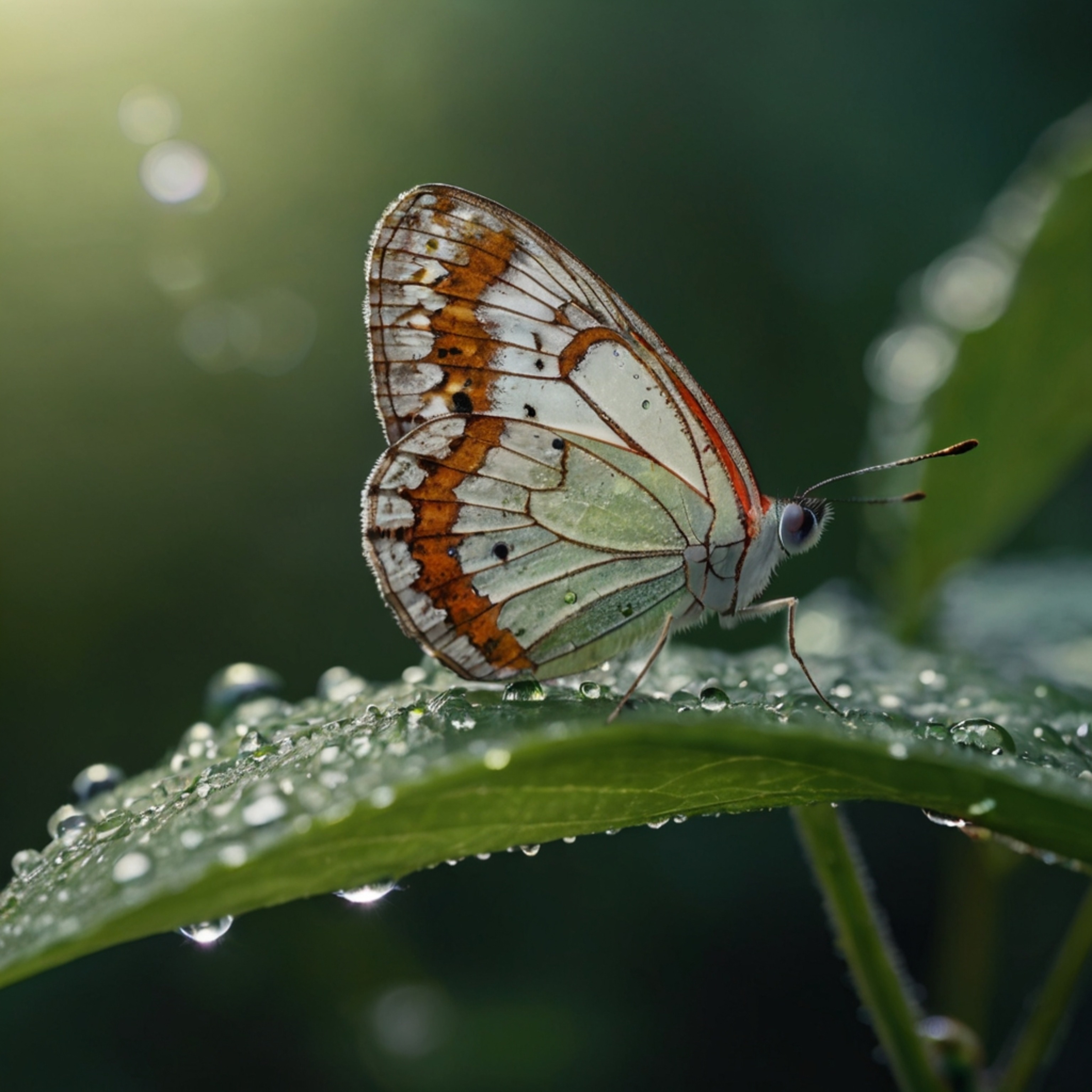 A delicate butterfly rests gracefully on a leaf, its wings adorned with glistening droplets of morning dew. This serene scene