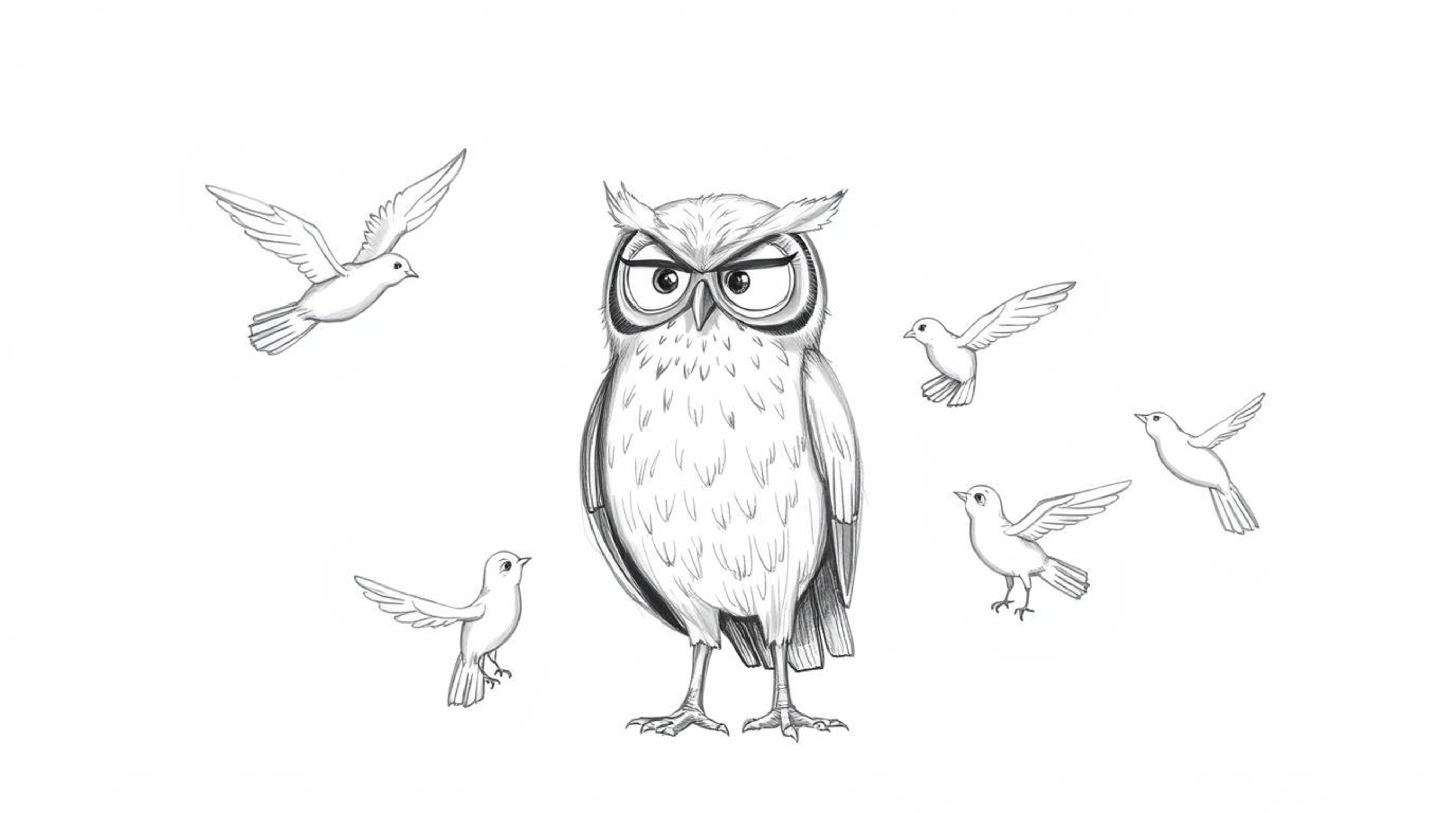 A heartwarming Pixar-style hand-drawn sketch depicts a blind owl, rendered with textured pencil strokes, patiently teaching b