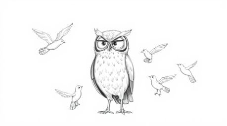 A heartwarming Pixar-style hand-drawn sketch depicts a blind owl, rendered with textured pencil strokes, patiently teaching b