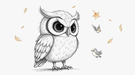 A heartwarming hand-drawn sketch in the style of Pixar showcases a blind owl with soft, feathery texture dedicated to teachin