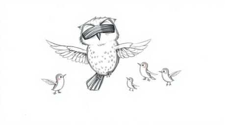 A heartwarming hand-drawn sketch in the style of Pixar depicts a blind owl patiently teaching small birds to fly.  The image 