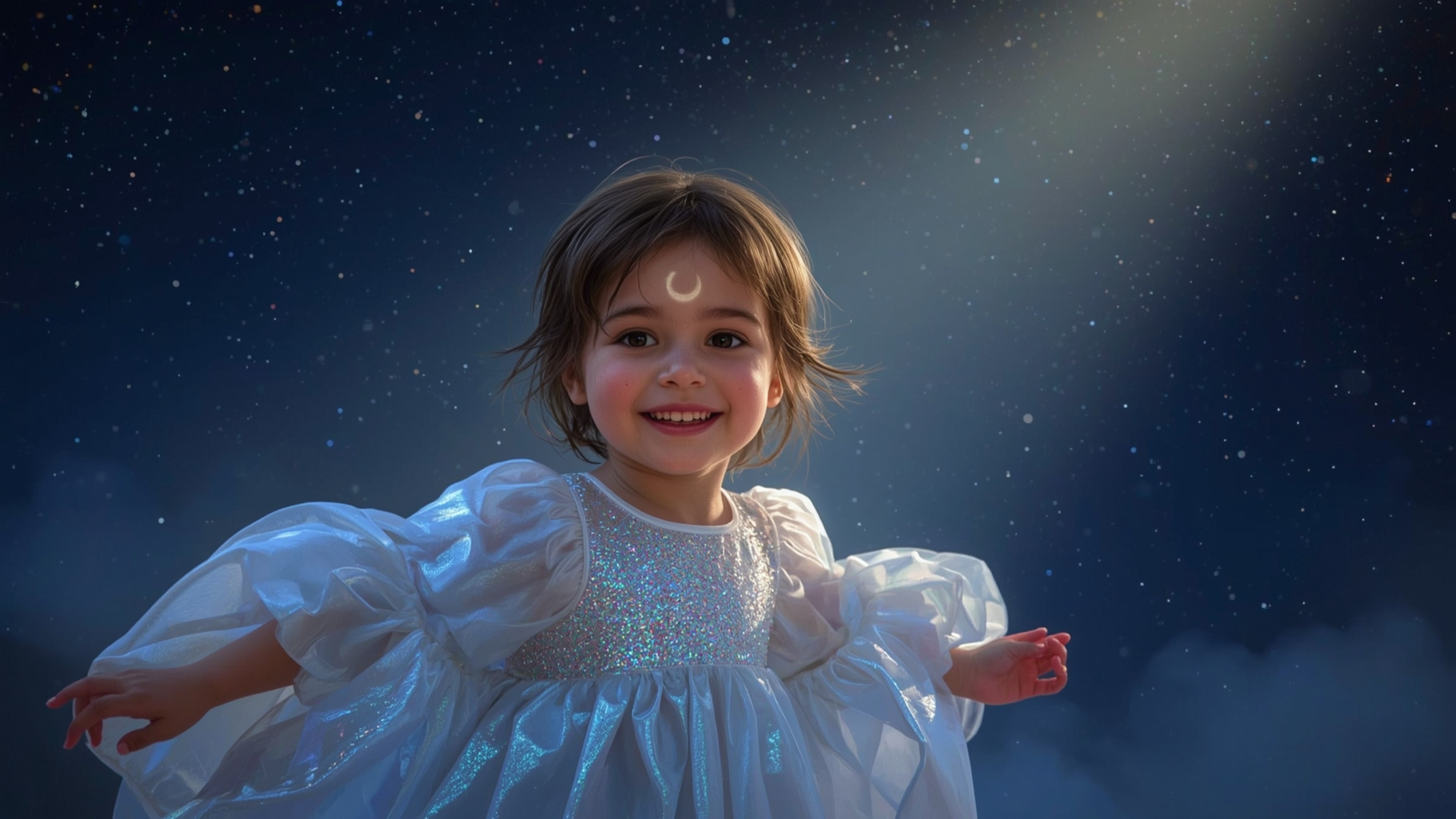 Experience a moment of pure magic in this mesmerizing, cinematic photograph capturing a joyful, freckled-faced child in a Pix