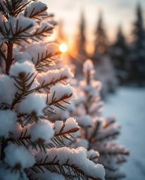 An extreme macro close-up showcases the intricate beauty of snowy pine trees bathed in the soft light of a setting sun. This 