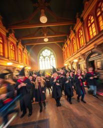 Immerse yourself in the vibrant world of a magical school filled with young wizards, captured through stunning long exposure 