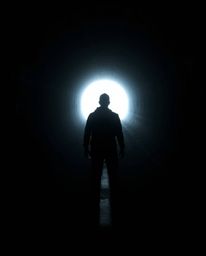 A captivating image depicts a person silhouetted against the intense light at the mouth of a dark tunnel. The high contrast, 