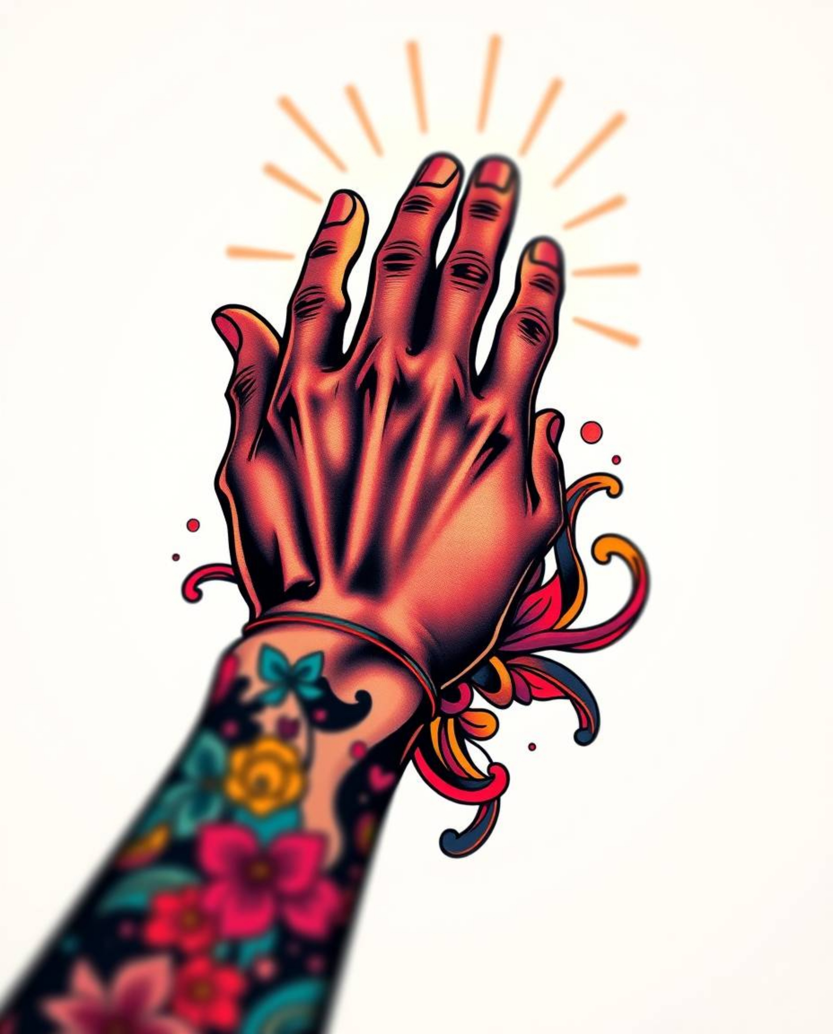 A vibrant, retro-style tattoo art print depicting a hand reaching towards light from darkness.  The design features complex o
