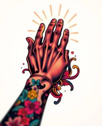 A vibrant, retro-style tattoo art print depicting a hand reaching towards light from darkness.  The design features complex o