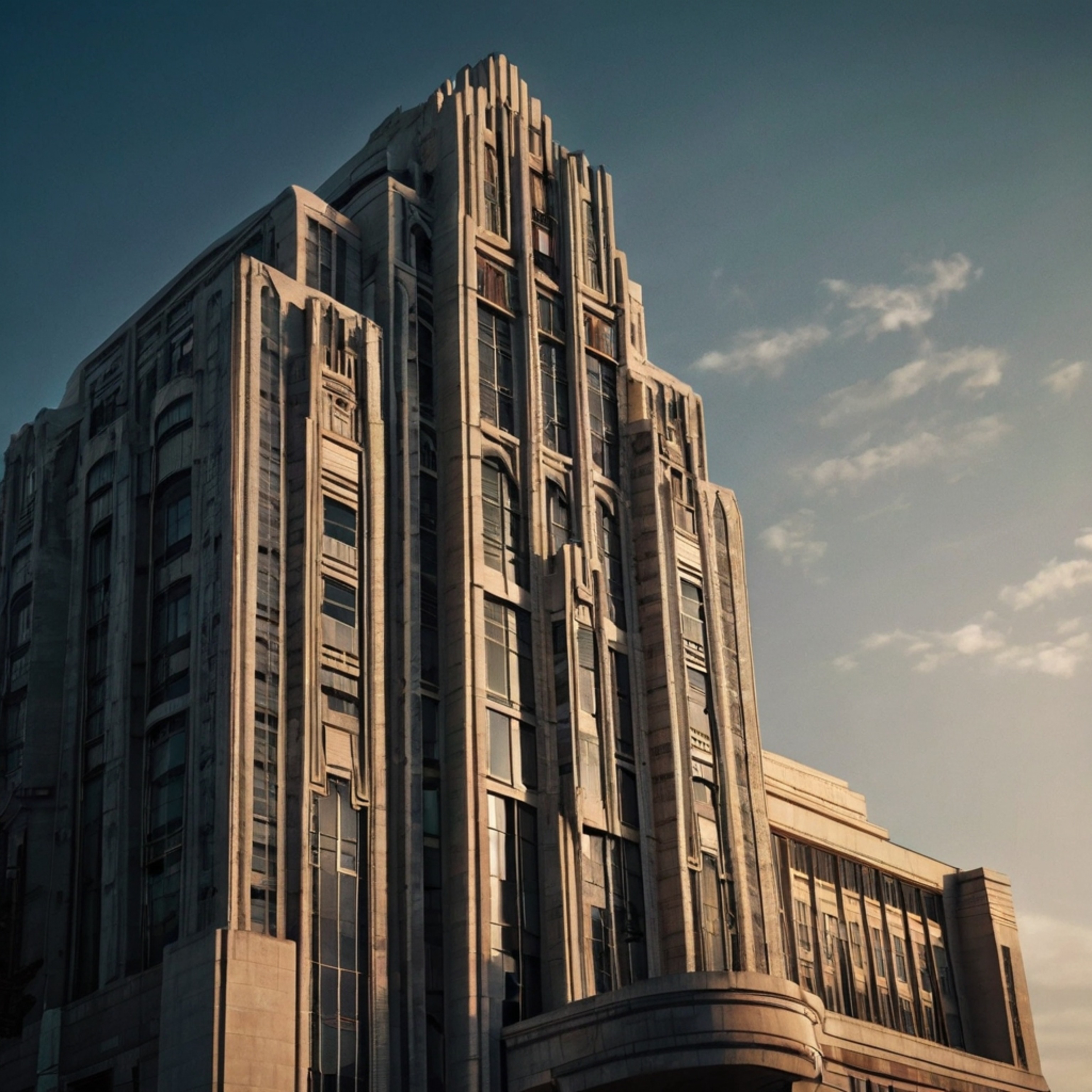 This elegant Art Deco skyscraper stands out against the city skyline with its intricate geometric patterns and a grand entran