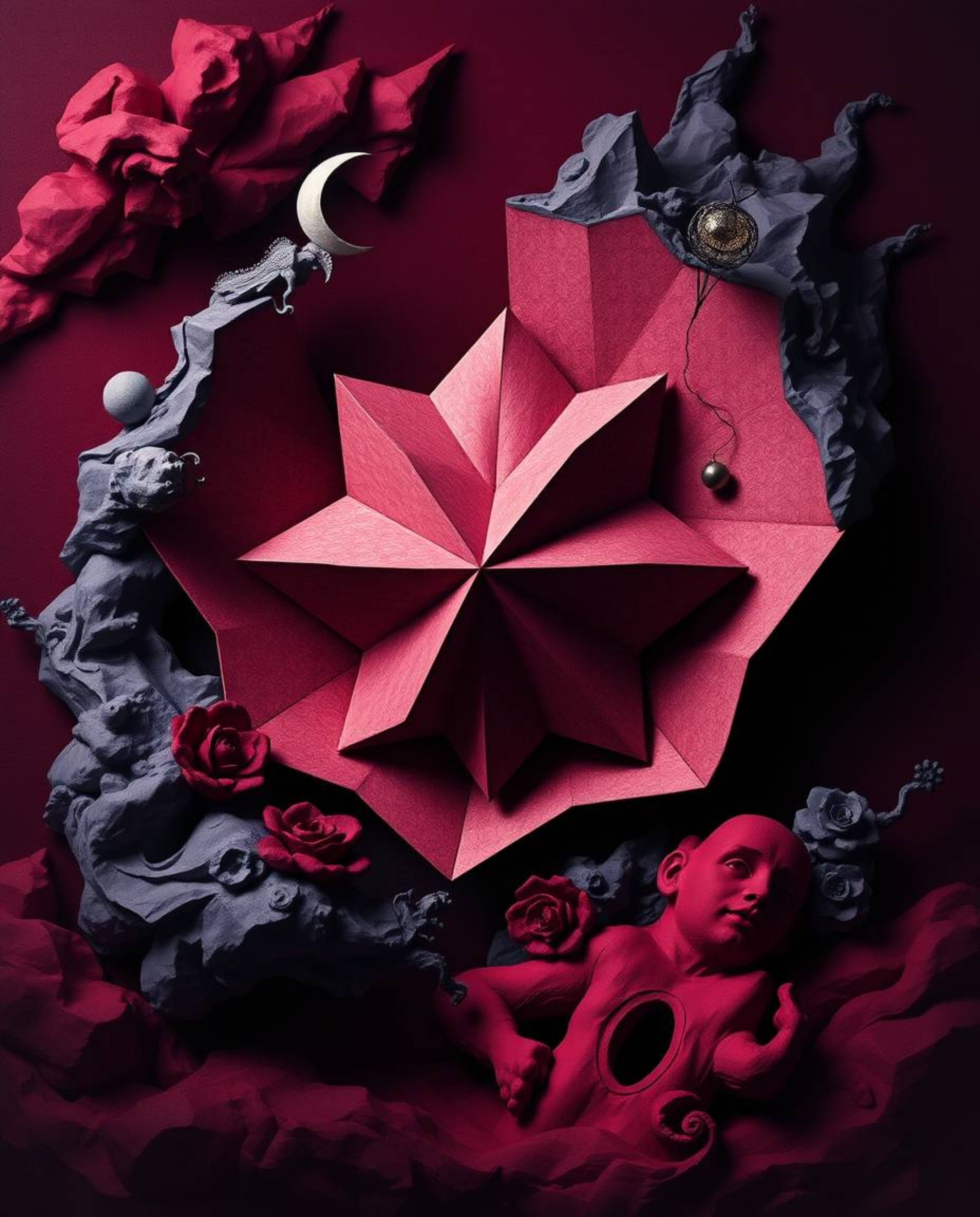 Discover captivating surreal artwork featuring dreamlike imagery in rich burgundy and deep blue.  The 3D geometric patterns, 