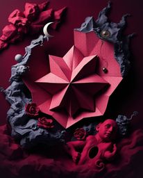 Discover captivating surreal artwork featuring dreamlike imagery in rich burgundy and deep blue.  The 3D geometric patterns, 