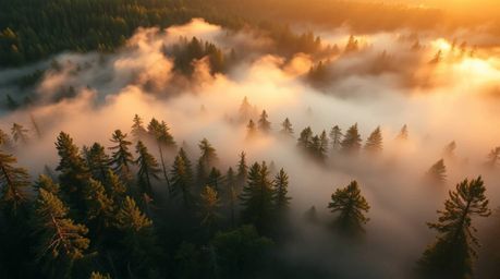 Capture the ethereal beauty of a forest bathed in the warm, soft light of golden hour with this high-angle perspective photog