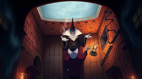 An overhead bird’s-eye perspective showcases a classic Disney villain casting a potent spell within the ancient walls of a ca