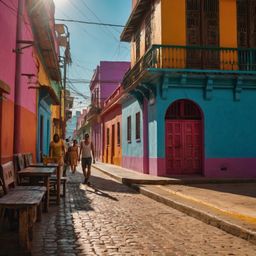 Experience the energy of Latin America on a vibrant, colorful street.  Brightly painted buildings and stunning murals line th