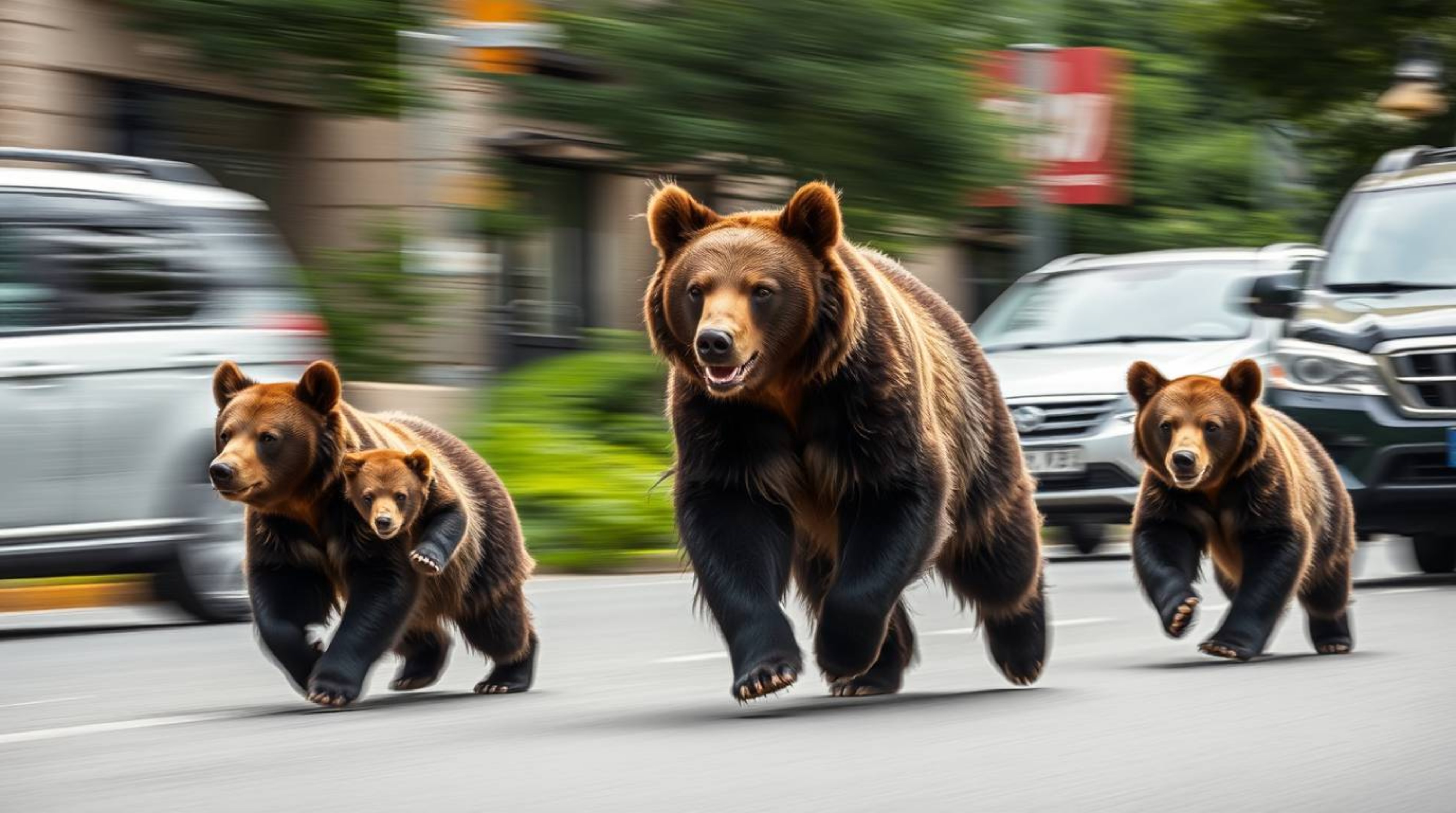 Capture the excitement of a bear family's urban escapade with this high-resolution stock photograph. Showcasing blurred lines