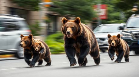 Capture the excitement of a bear family's urban escapade with this high-resolution stock photograph. Showcasing blurred lines
