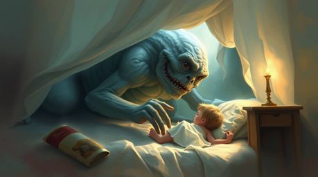 Explore a dreamlike scene where an ethereal painting depicts a monster under the bed forging an unlikely friendship with a ch