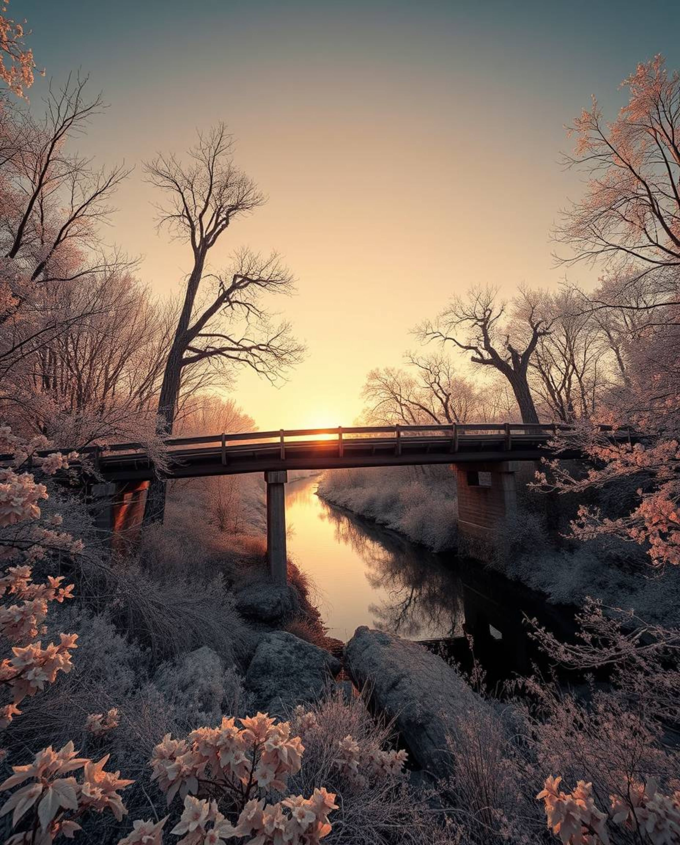A surreal infrared photograph of an old wooden bridge over a river at sunset. This image is depicted on a massive scale with 