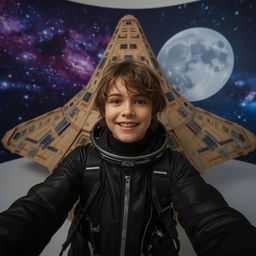 A captivating high-fashion photograph in the style of Pixar depicts a young boy in a sleek black spacesuit, taking his first 