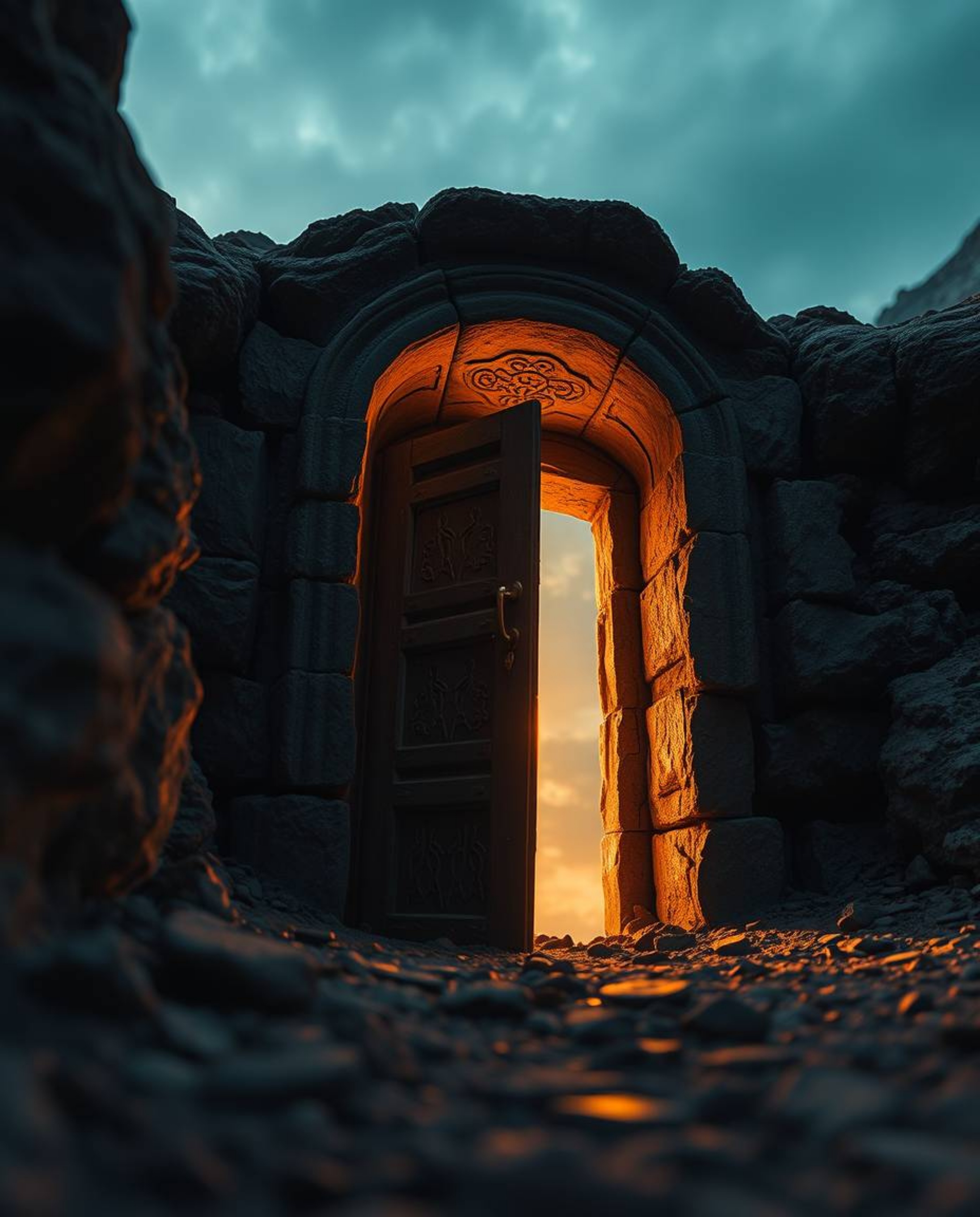 An extreme macro close-up photograph capturing the mesmerizing detail of an ancient doorway, etched with glowing runes, embed