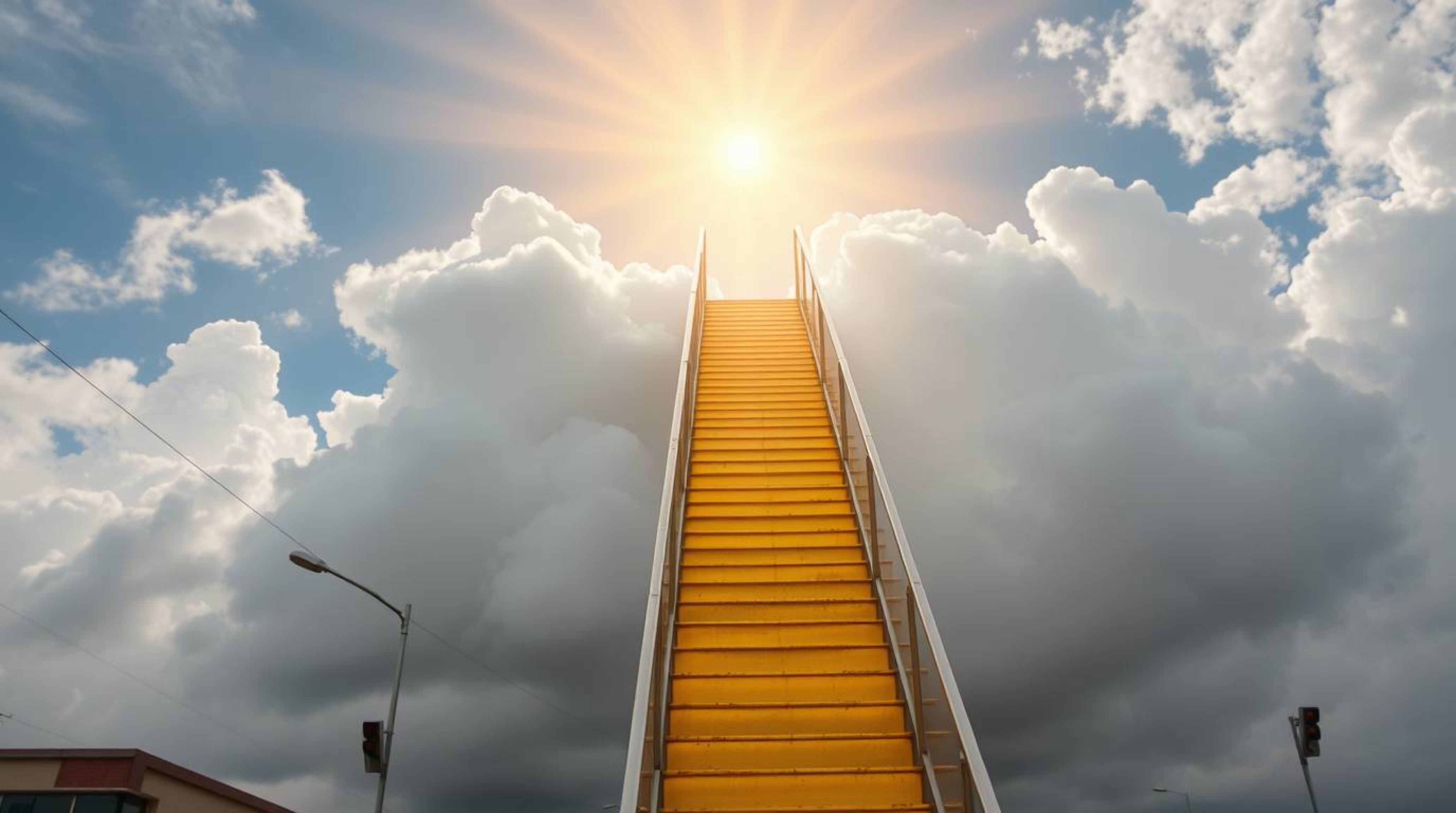 A captivating street photograph showcases a golden staircase ascending through ethereal clouds towards a radiant heaven. Sunl