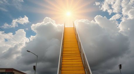 A captivating street photograph showcases a golden staircase ascending through ethereal clouds towards a radiant heaven. Sunl