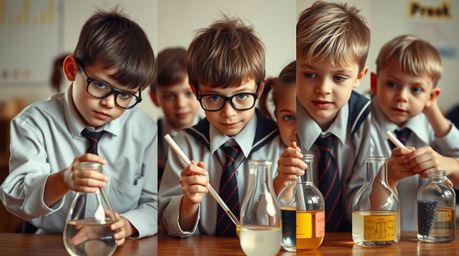 A unique fine art photograph captures a group of quirky kids in school uniforms engaged in science experiments, presented in 