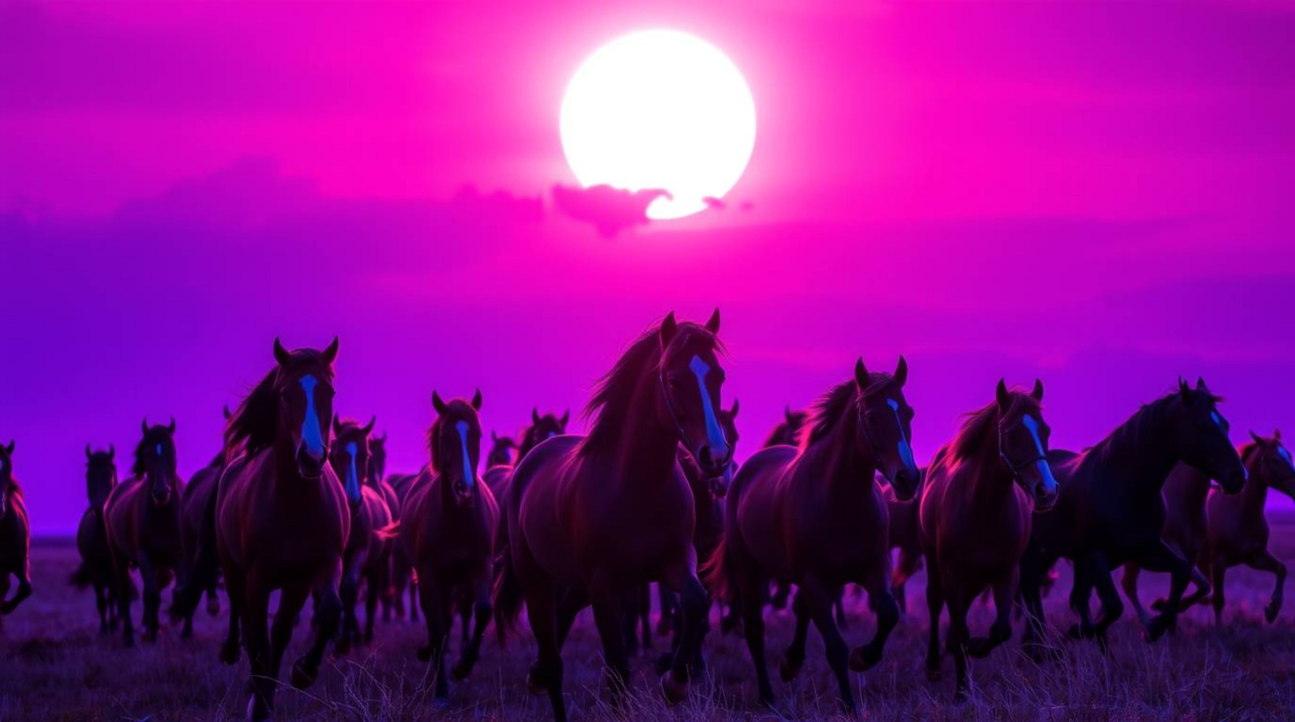 A breathtaking close-up photograph captures a herd of wild horses in full gallop under a vibrant, glowing sky.  The image emp