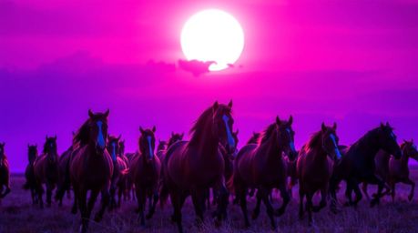 A breathtaking close-up photograph captures a herd of wild horses in full gallop under a vibrant, glowing sky.  The image emp