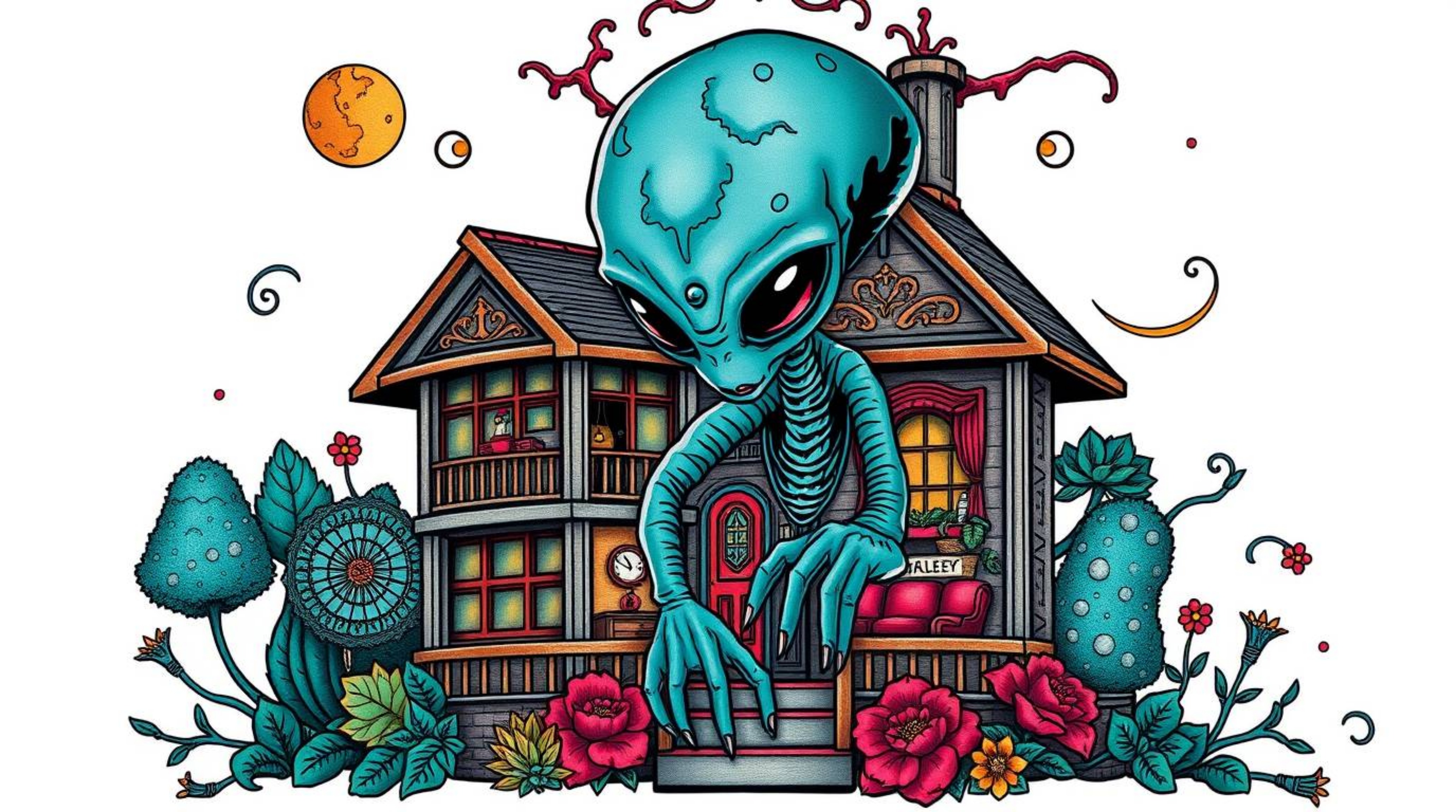 Discover a unique and vibrant piece of traditional tattoo art featuring an alien residing in a suburban house.  This print bo