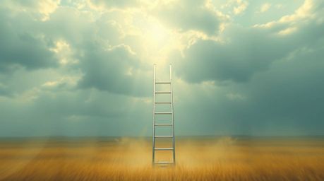 Explore dynamic digital paintings featuring minimalist scenes, often depicting a silver ladder in an open field under a cloud