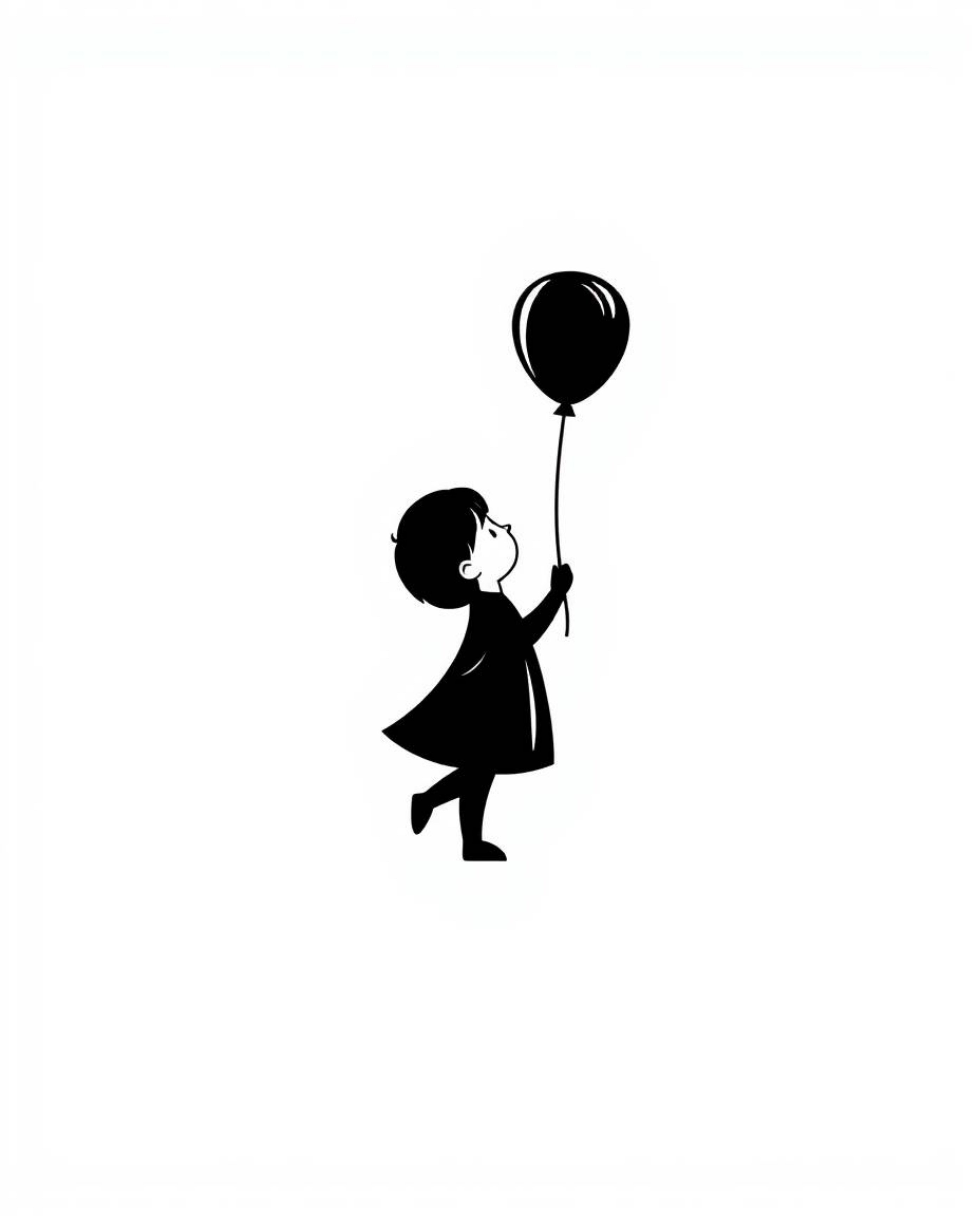 This timeless and elegant black and white logo features a child holding a balloon, crafted with geometric shapes and clean li