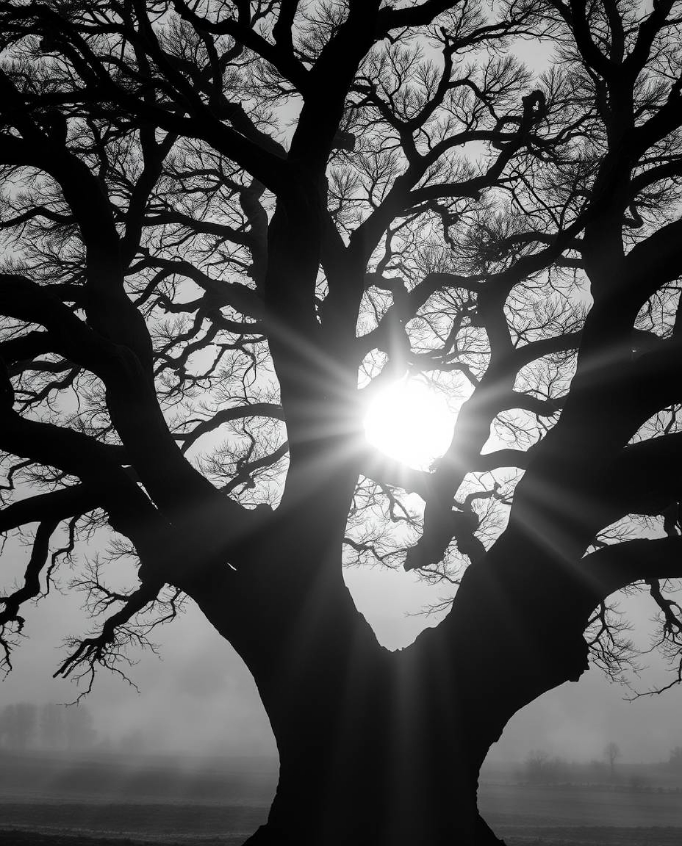 Volumetric lighting enhances a classic black and white sunset behind an old oak tree with twisted branches. Timeless and eleg