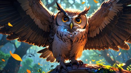 This heartwarming artwork, blending the charming aesthetics of Pixar and anime, depicts a wise blind owl teaching birds to fl