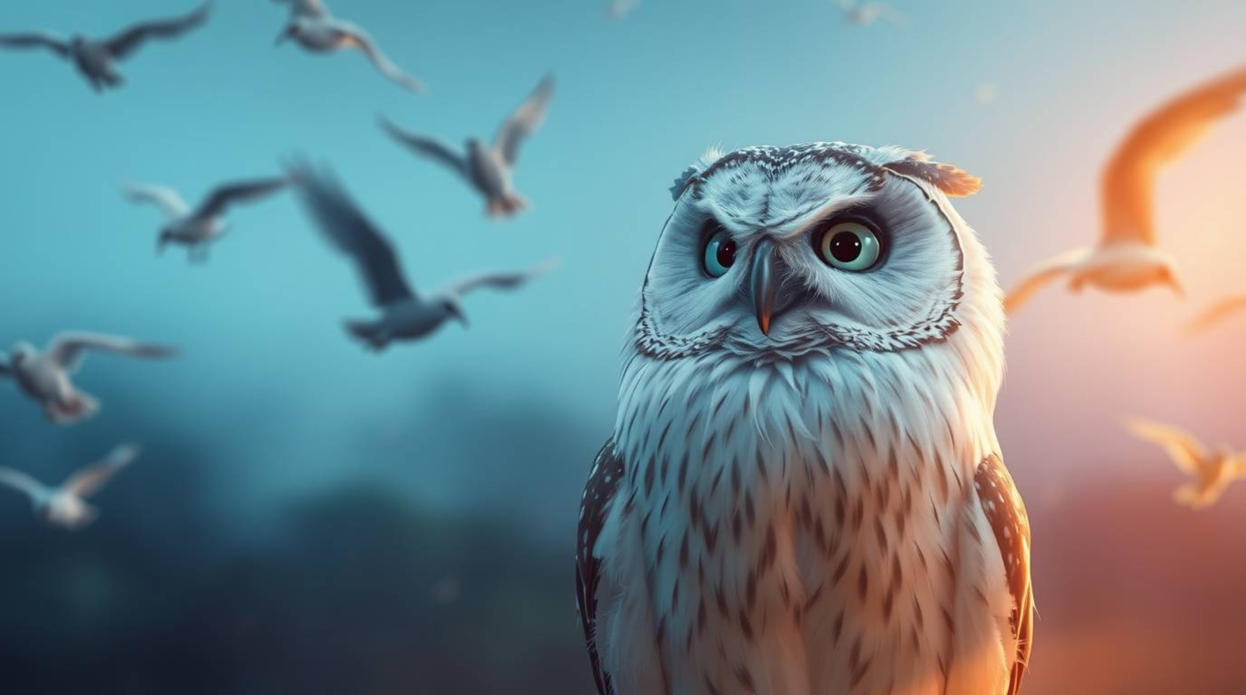This stunning long-exposure photograph, rendered in a heartwarming Pixar style, features a wise, blind owl with soft, downy f