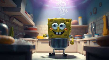 A dramatic low-angle perspective captures SpongeBob cooking in his underwater kitchen, highlighting a visually stunning scene