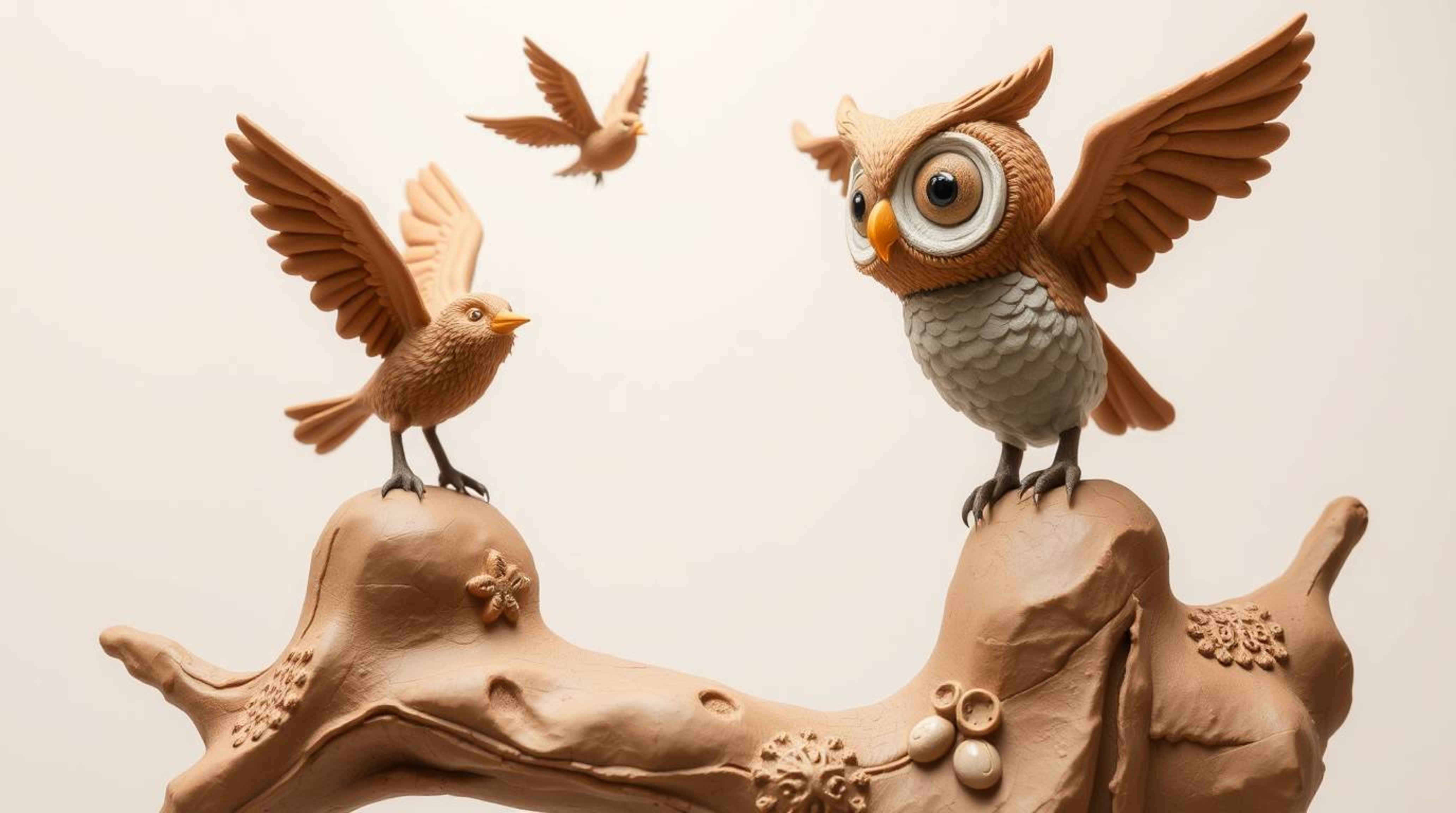 This sculptural clay art piece depicts a Pixar-style blind owl, a figure of inner vision, teaching birds how to fly. The mode