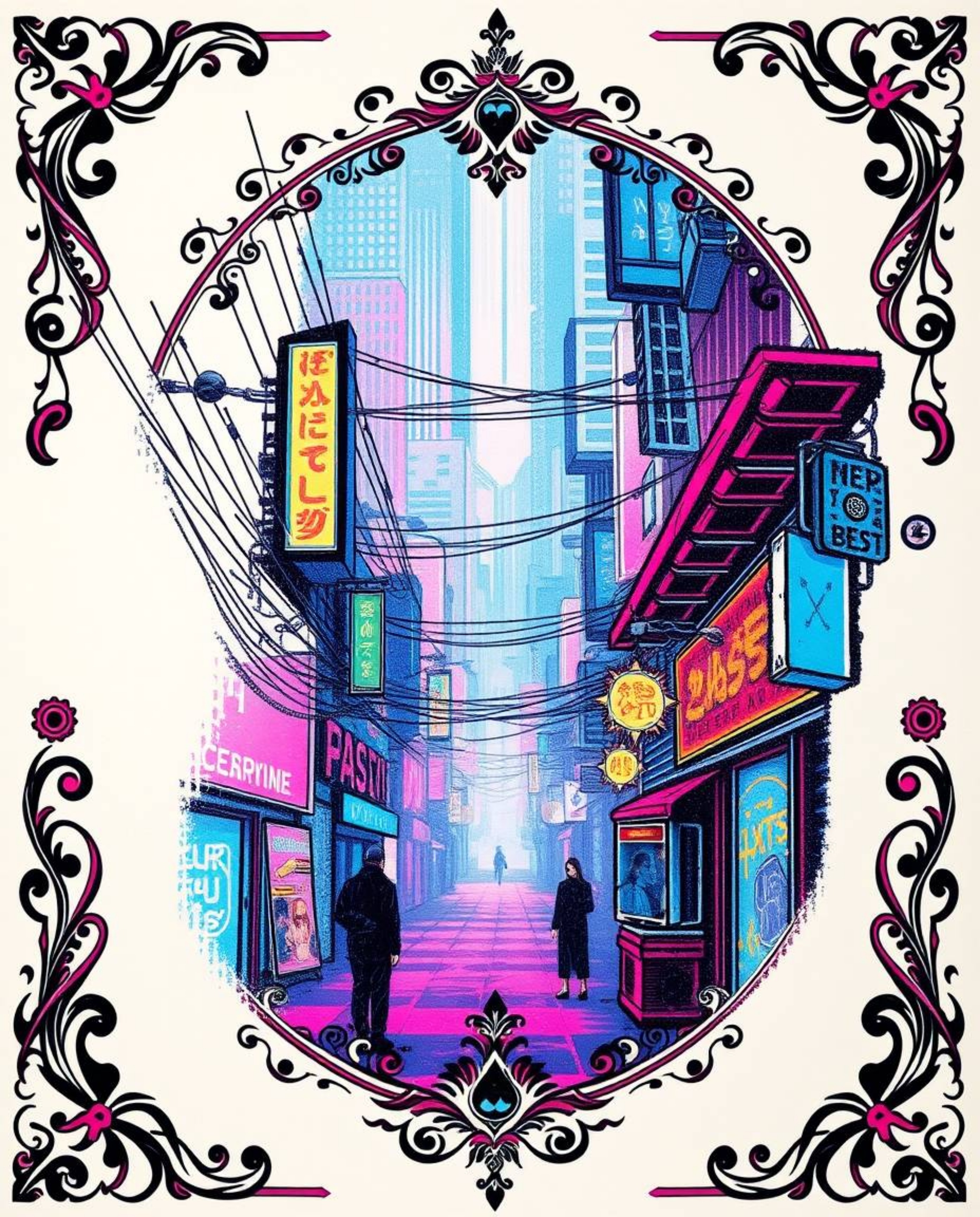 A graceful and elegant symbolic tattoo art print features a pixelated glitch image of a cyberpunk street drenched in vibrant 
